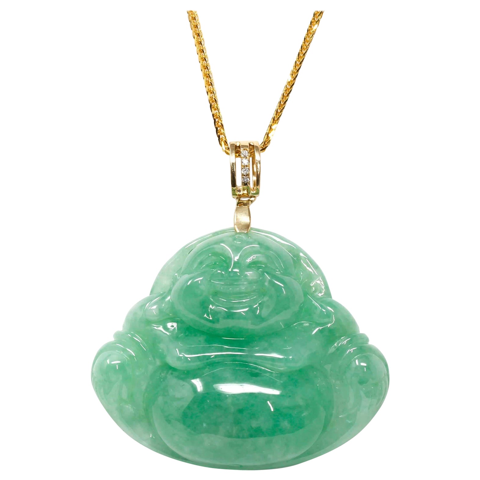 "Laughing Buddha" Green Jadeite Jade Necklace With 18k Yellow Gold Diamond Bail For Sale