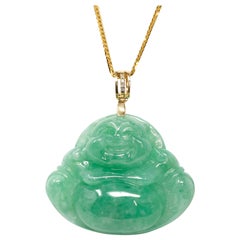 "Lachender Buddha" Grüner Jadeit Jade Halskette mit 18 Karat Gelbgold Diamantschliff
