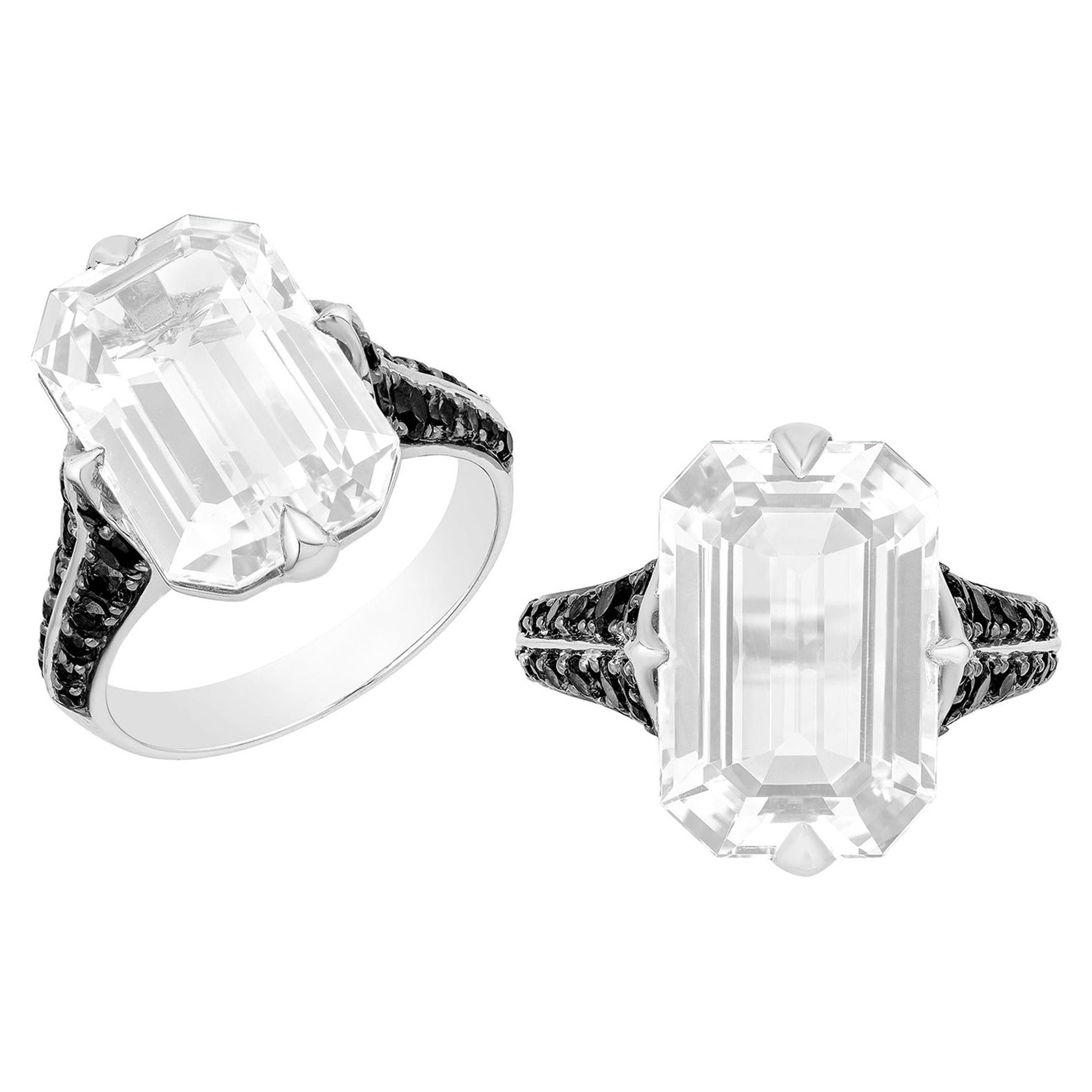 Goshwara Emerald Cut Moon Quartz and Black Diamond Ring For Sale