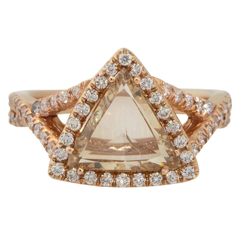 2.67 Carat Brown Triangle Diamond Halo Twisted Engagement Ring 14 Karat in Stock For Sale