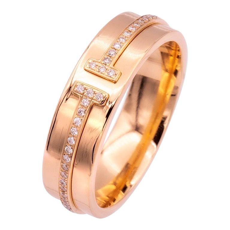 Tiffany and Co. 18K Rose Gold T 5.5 mm Wide .12 ct Diamond Band Ring Size  7.5 For Sale at 1stDibs