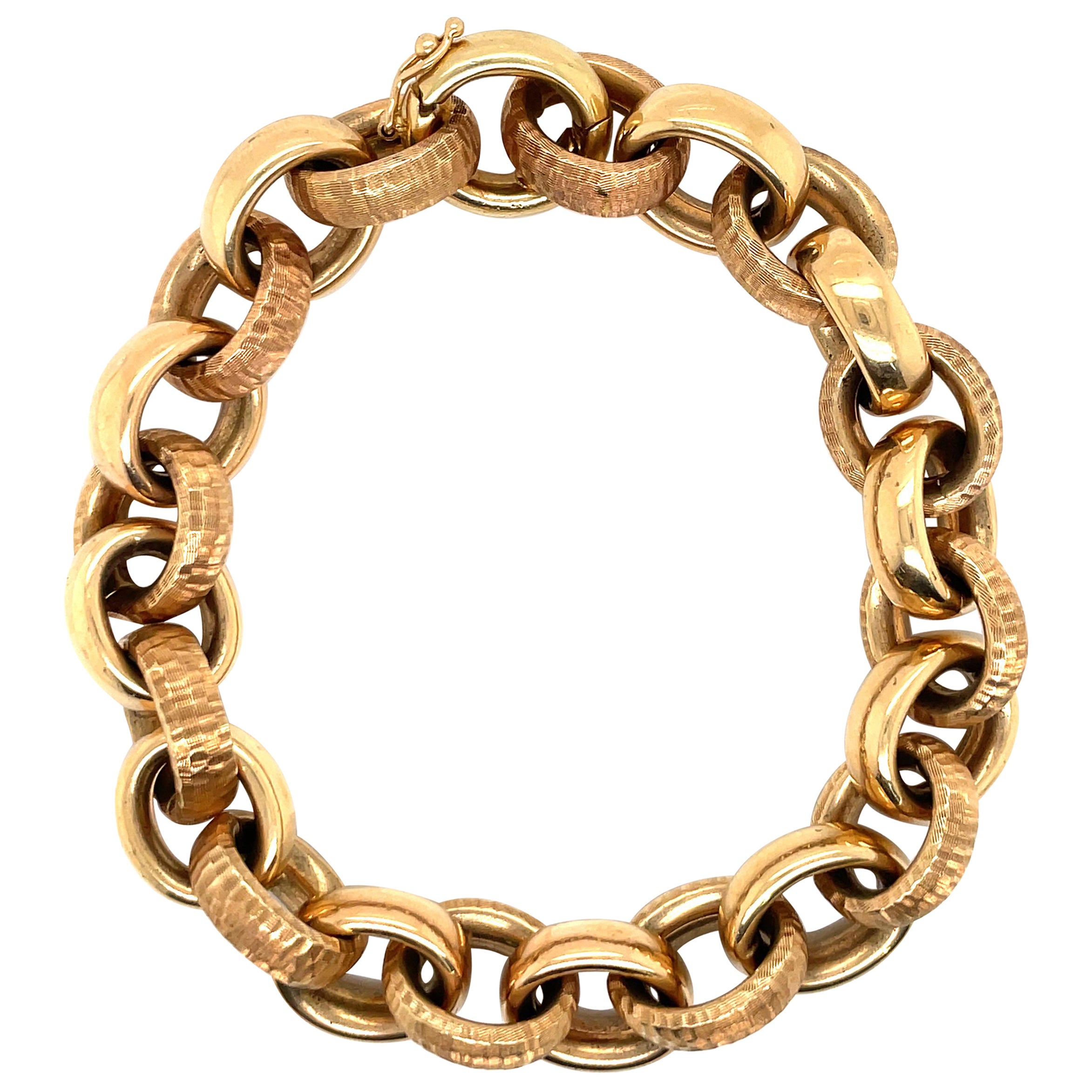 Italian 14 Karat Rose Gold Polished & Hammer Finished Link Bracelet 36.6 Grams  For Sale