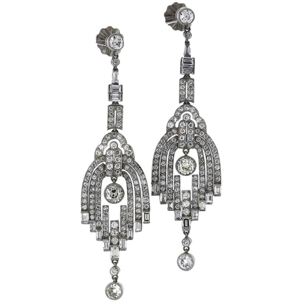 Art Deco Old European and Baguette Diamonds Platinum Earrings