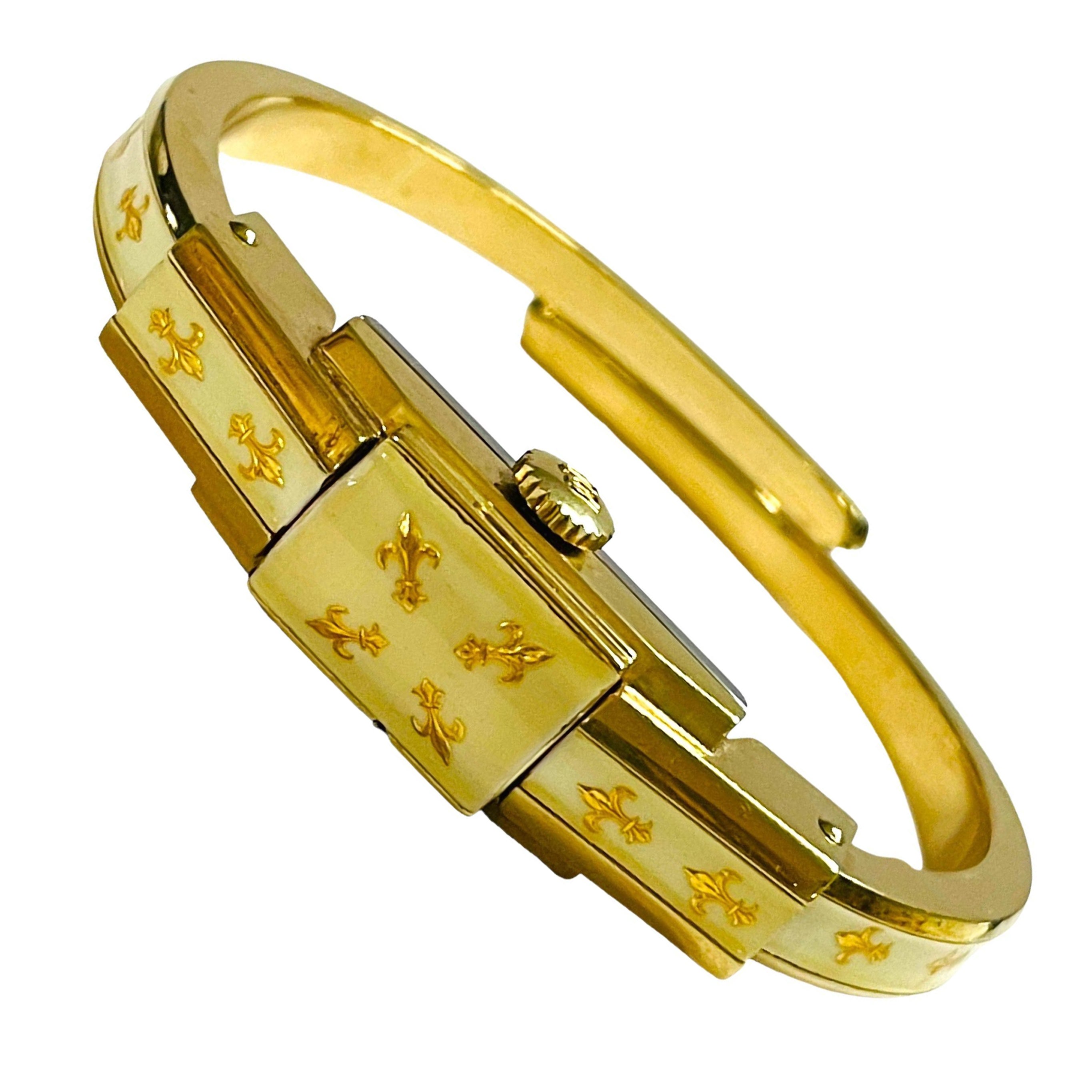 Vintage Ladies Bucherer Enamel Fleur Di Lis Hidden Watch Bracelet