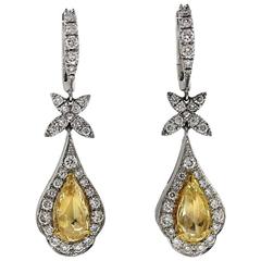 Rose Cut Yellow and Round Brilliant White Diamond Halo Gold Drop Earrings 10