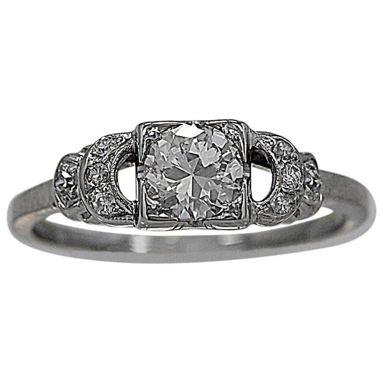 Art Deco .50 Carat Diamond & White Gold Antique Engagement Ring For Sale