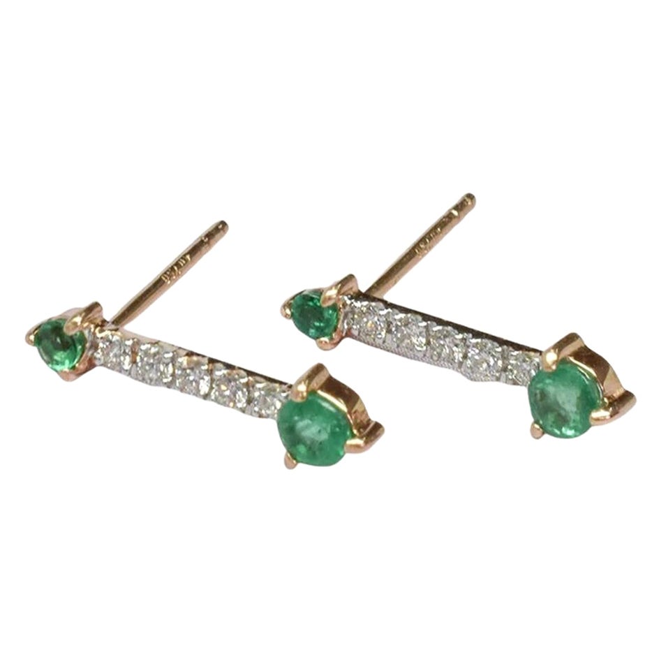 14k Gold Emerald Earrings with Round Diamond Stud Earrings
