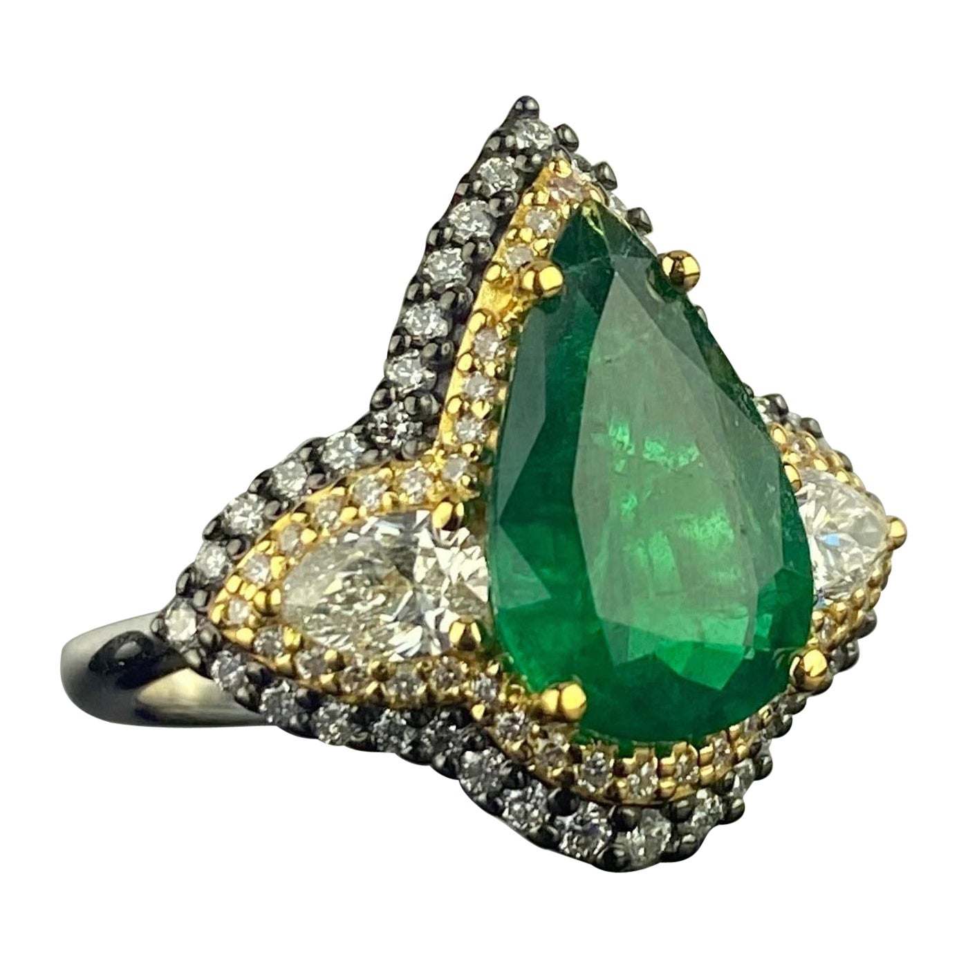 Art Deco Style 3.28ctw Pear Shape Zambian Emerald & Diamond Two Tone Gold Ring  For Sale