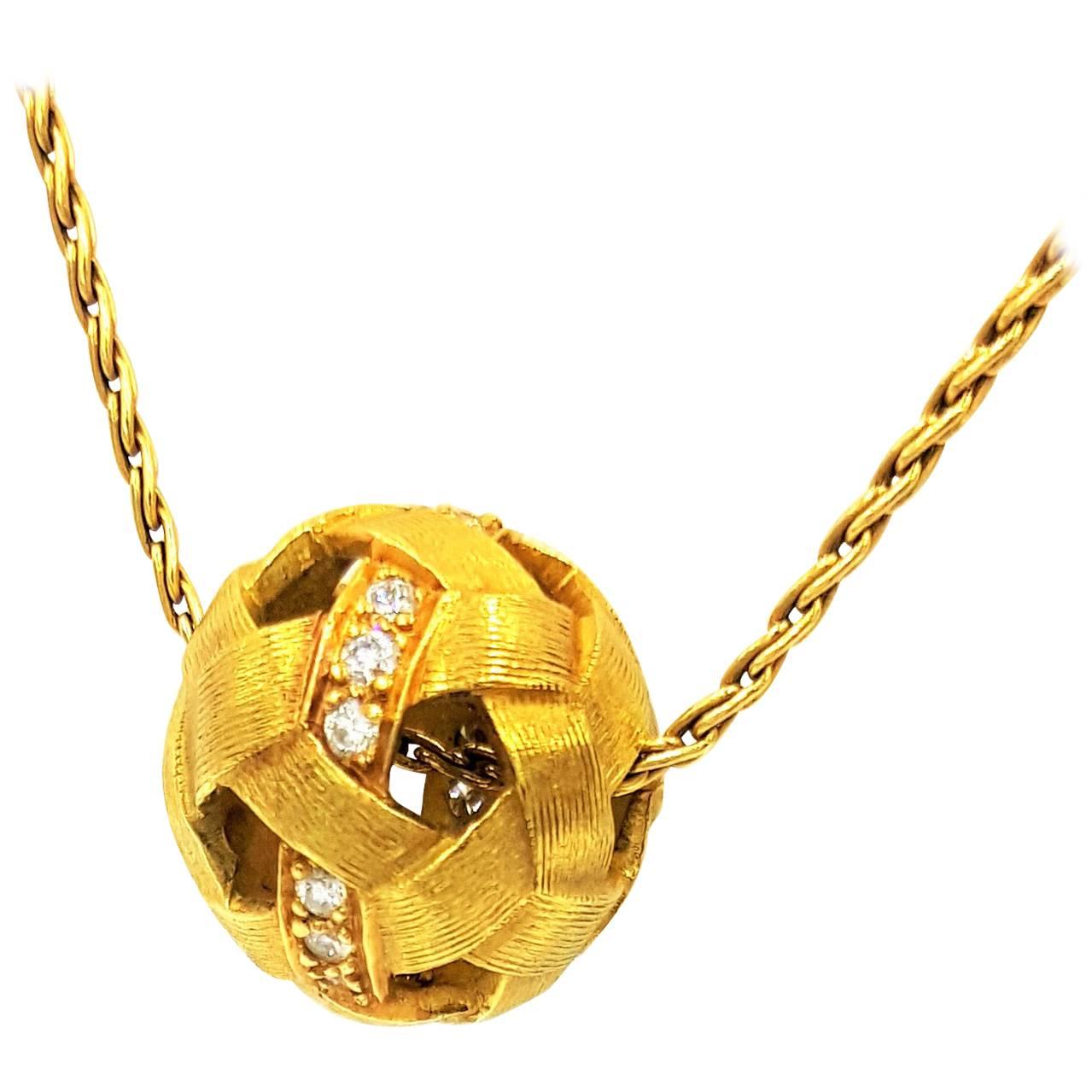 Etienne Perret French Diamond Gold Soccer Ball Pendant and Chain in 18KT Gold For Sale