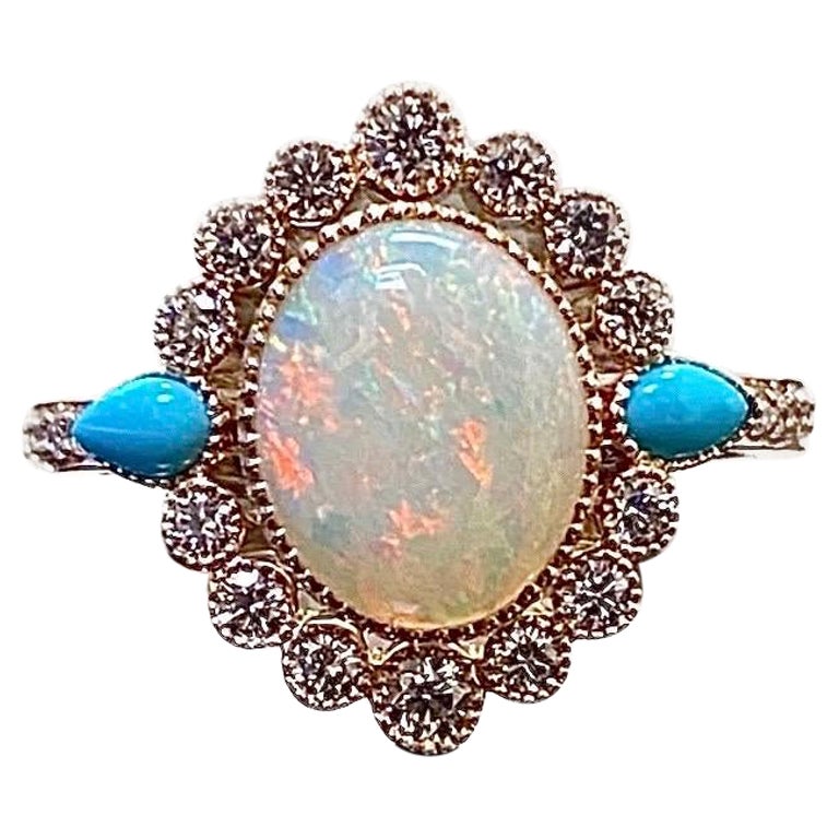18K Rose Gold Pear Shape Turquoise Diamond Oval Australian Opal Engagement Ring For Sale