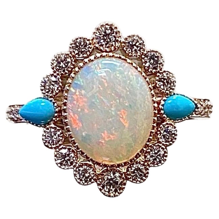 18K Rose Gold Pear Shape Turquoise Diamond Oval Australian Opal Engagement Ring