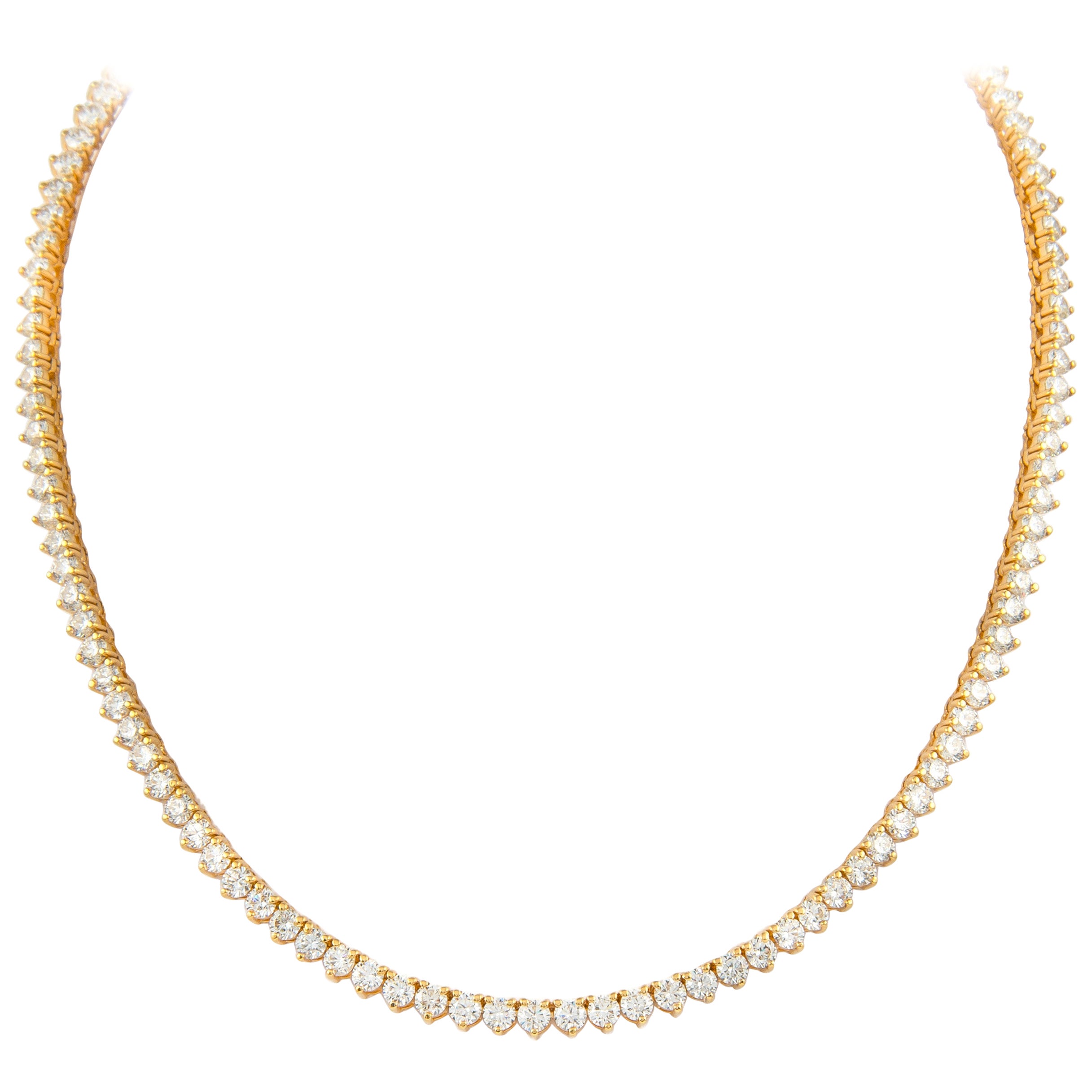 Alexander 16.25 Carat Diamond Tennis Necklace 18k Yellow Gold 3-Prong Set For Sale