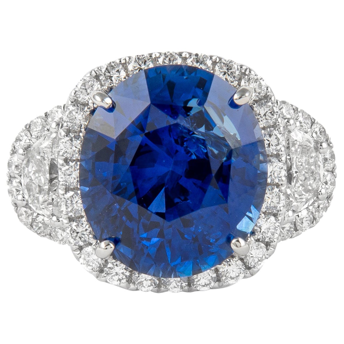 Alexander GIA 11.36ct Sapphire with Diamond Three Stone Halo Ring 18K White Gold