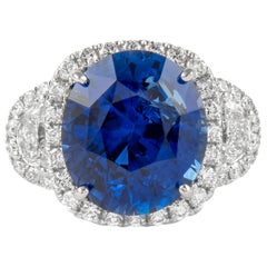 Alexander GIA 11.36ct Sapphire with Diamond Three Stone Halo Ring 18K White Gold