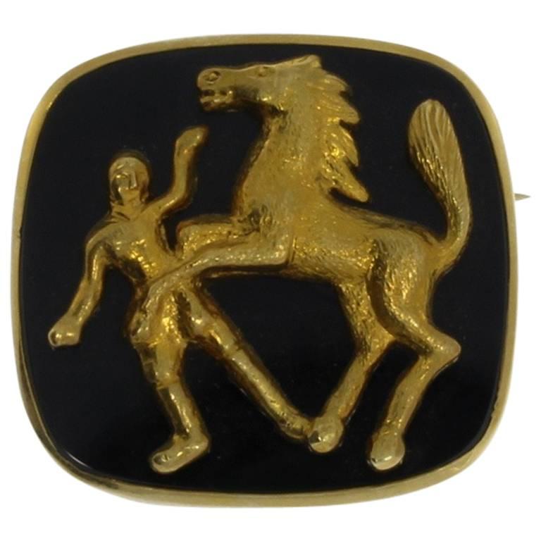 Gold Horse and Rider Onyx Brooch For Sale
