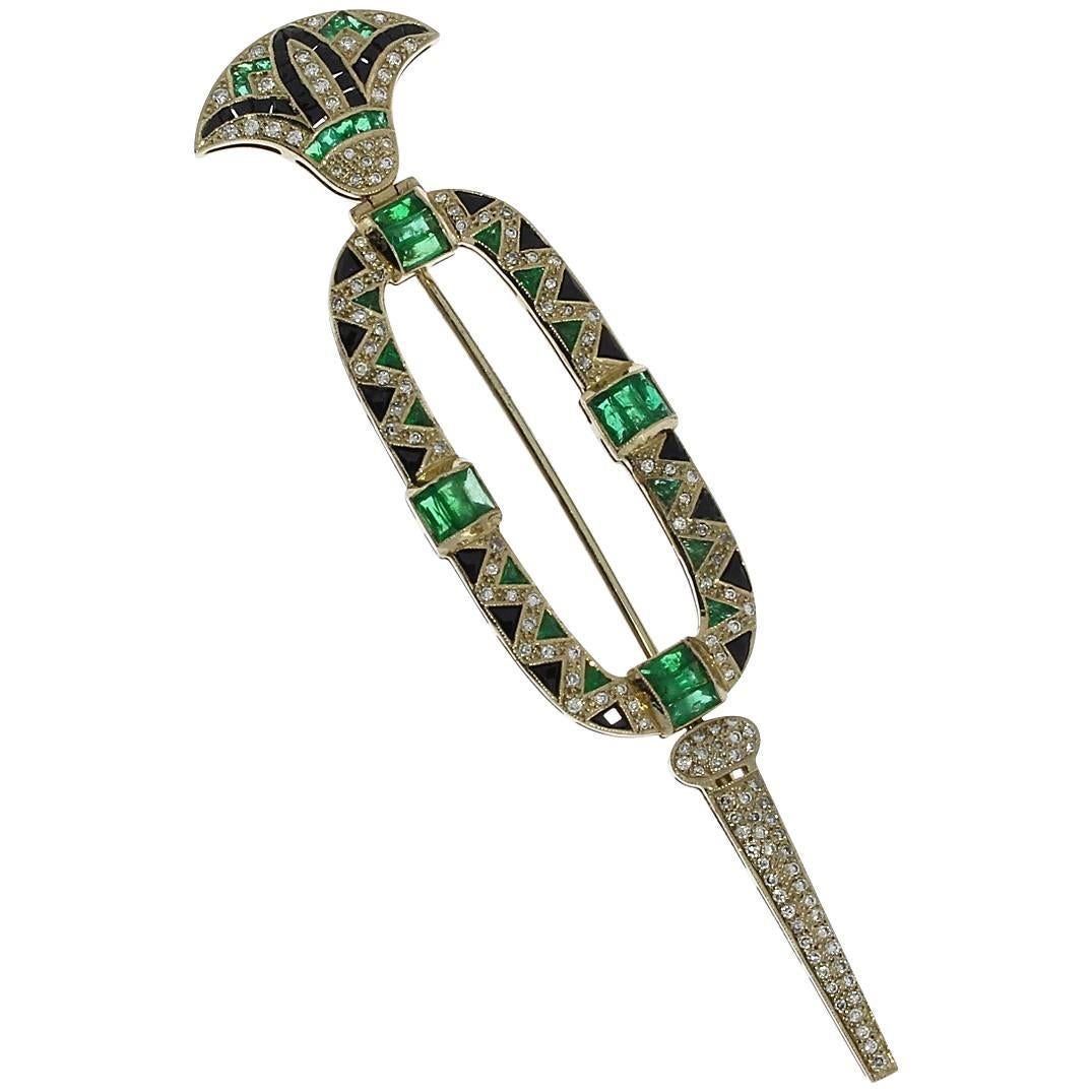1980s Onyx Emerald Diamond Gold Brooch For Sale