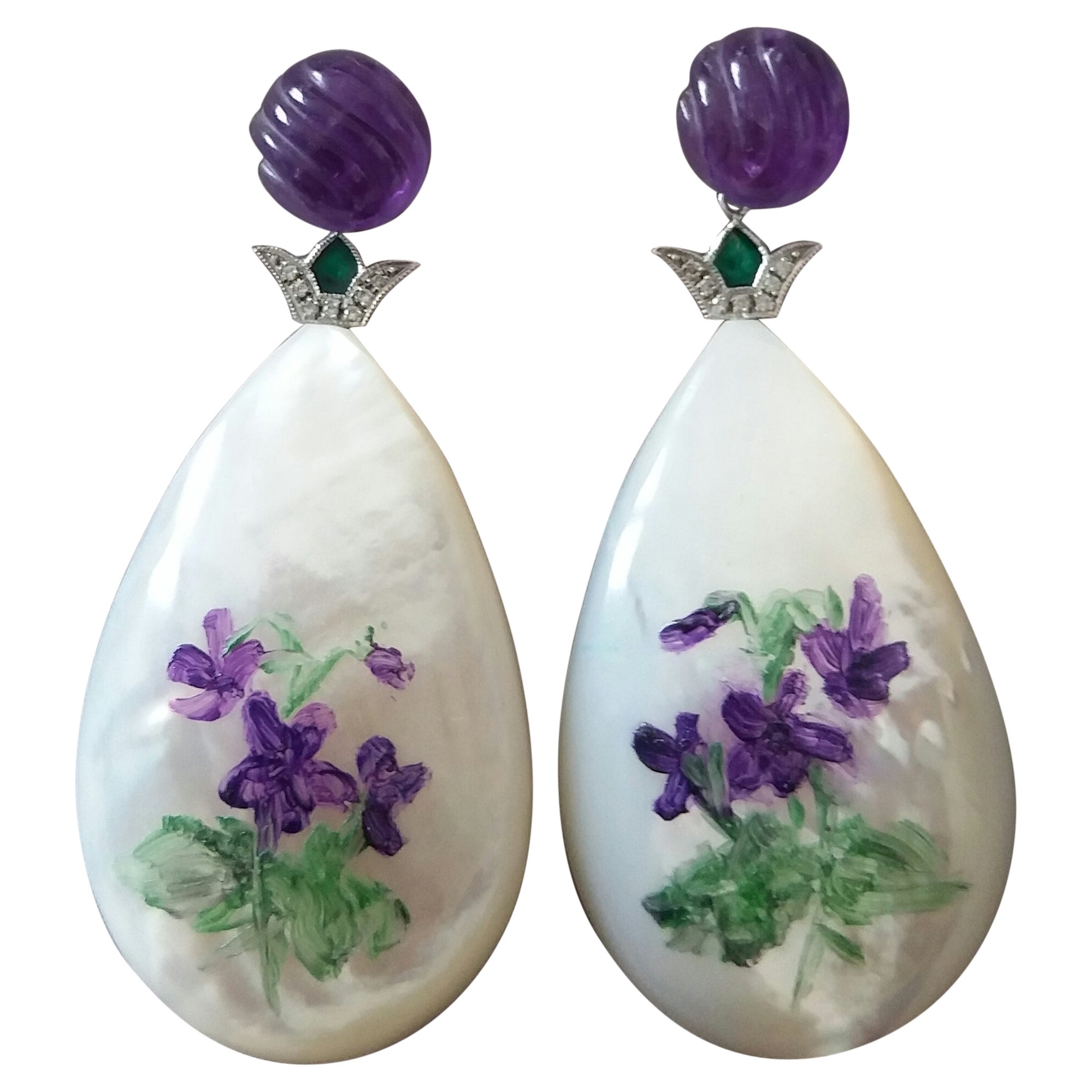 Hand Painted Mother of Pearl White Gold Diamond Enamel Carved Amethyst Earrings For Sale