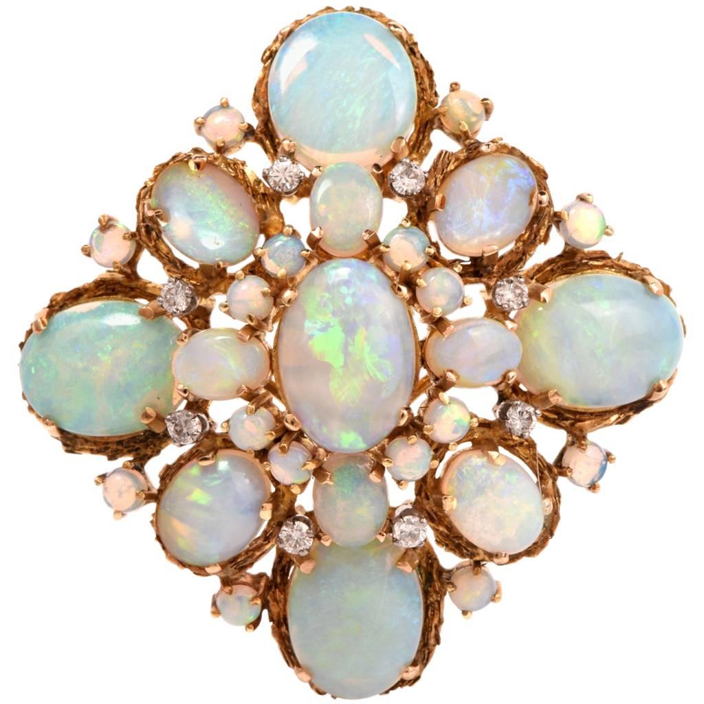 Retro Opal Diamond Gold Pin Brooch