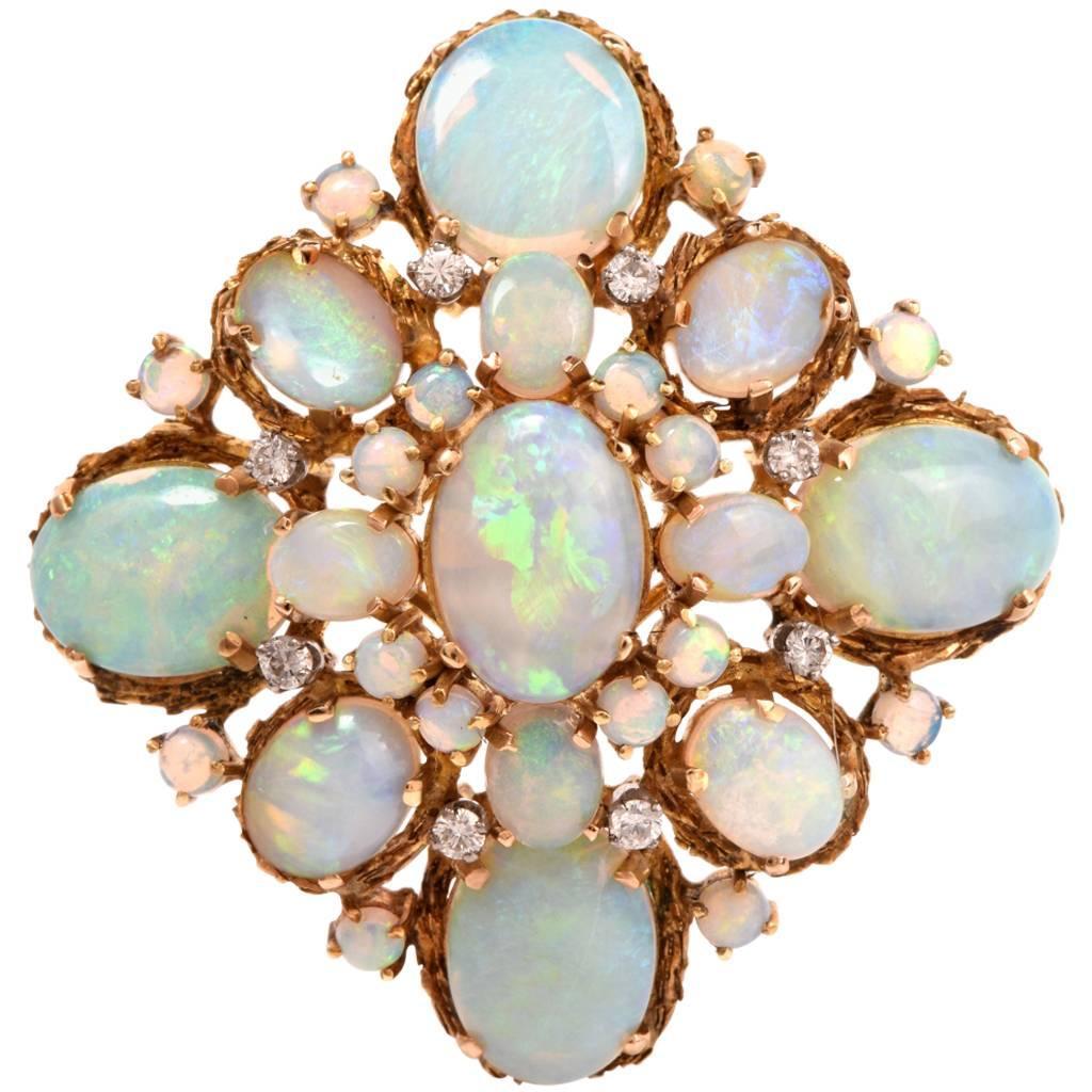 Retro Opal Diamond Gold Pin Brooch For Sale at 1stdibs