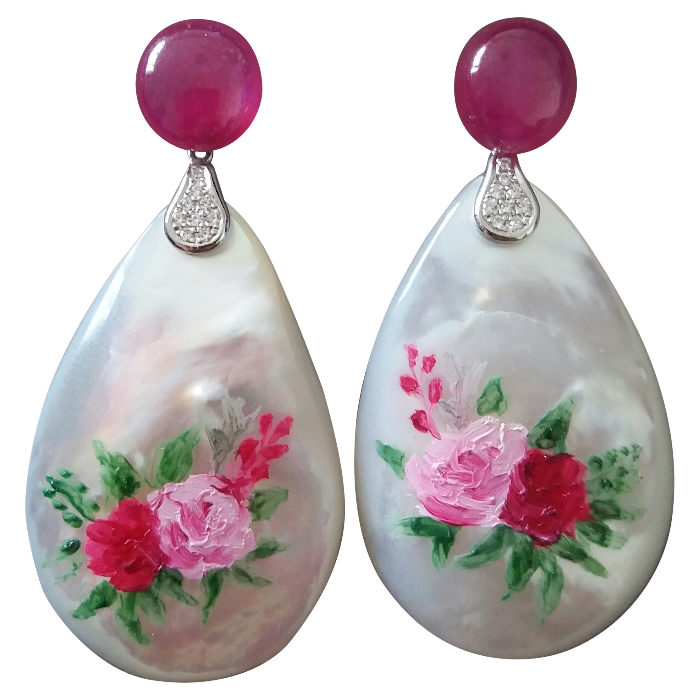 Ruby Cabs White 14k Gold Diamonds Hand Painted Mother of Pearl Drop Earrings For Sale