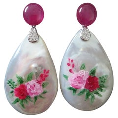Ruby Cabs White 14k Gold Diamonds Hand Painted Mother of Pearl Drop Earrings