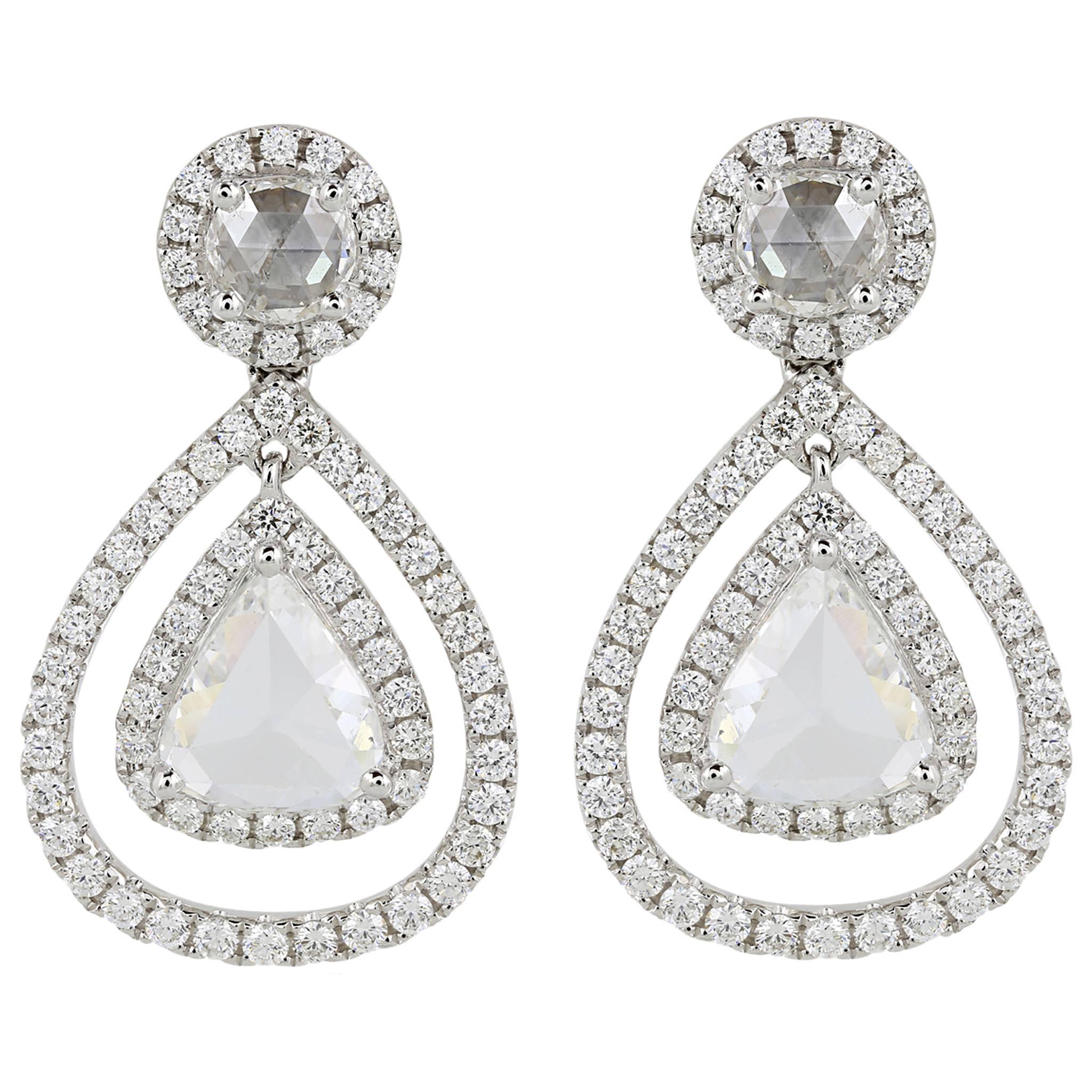 2.13 Carat Rose Cut Diamond Gold Pear Drop Earrings