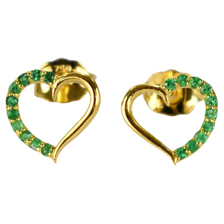 18k Solid Gold Emerald Stud Earrings Delicate Gold Heart Studs Valentine Jewelry For Sale