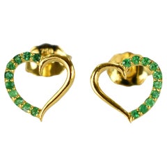 18k Solid Gold Emerald Stud Earrings Delicate Gold Heart Studs Valentine Jewelry