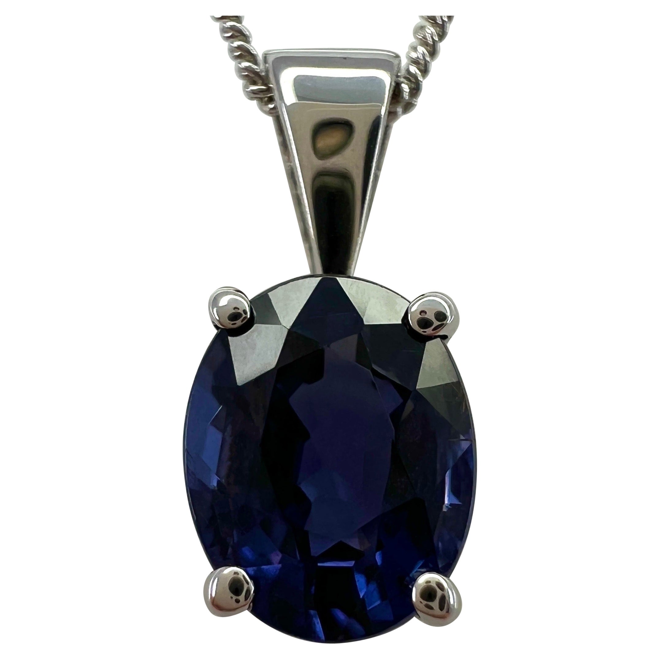 1.63ct Purple Blue Spinel Oval Cut 18k White Gold Solitaire Pendant Necklace For Sale