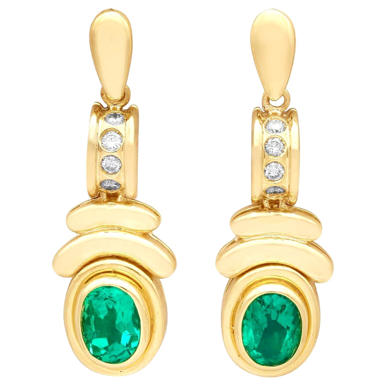 Art Deco Style Emerald Diamond  Drop Earrings in 18k Yellow Gold For Sale