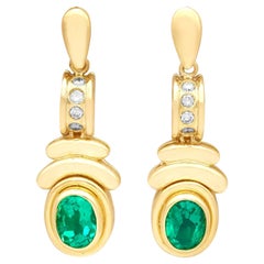 Art Deco Style Emerald Diamond  Drop Earrings in 18k Yellow Gold
