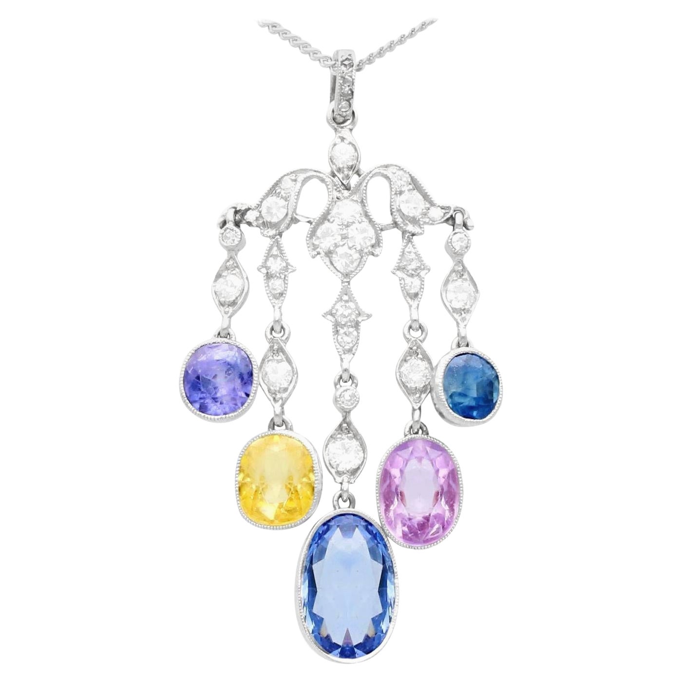 Antique 5.12Ct Blue Pink and Yellow Sapphire Diamond Platinum Pendant For Sale