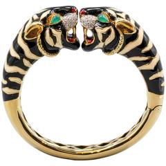 Italian Enamel Emerald Diamond Gold Tiger Cuff Bracelet