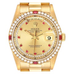 Rolex President Day-Date Yellow Gold String Diamond Ruby Dial Watch 18378