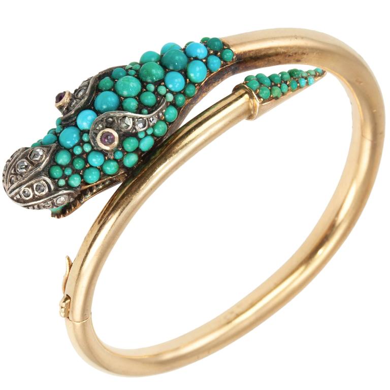 1950s Turquoise Diamond Gold Dragon Bangle Bracelet at 1stDibs