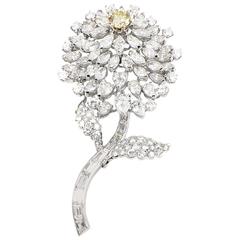 Light Fancy Yellow and White Diamond Platinum Flower Brooch