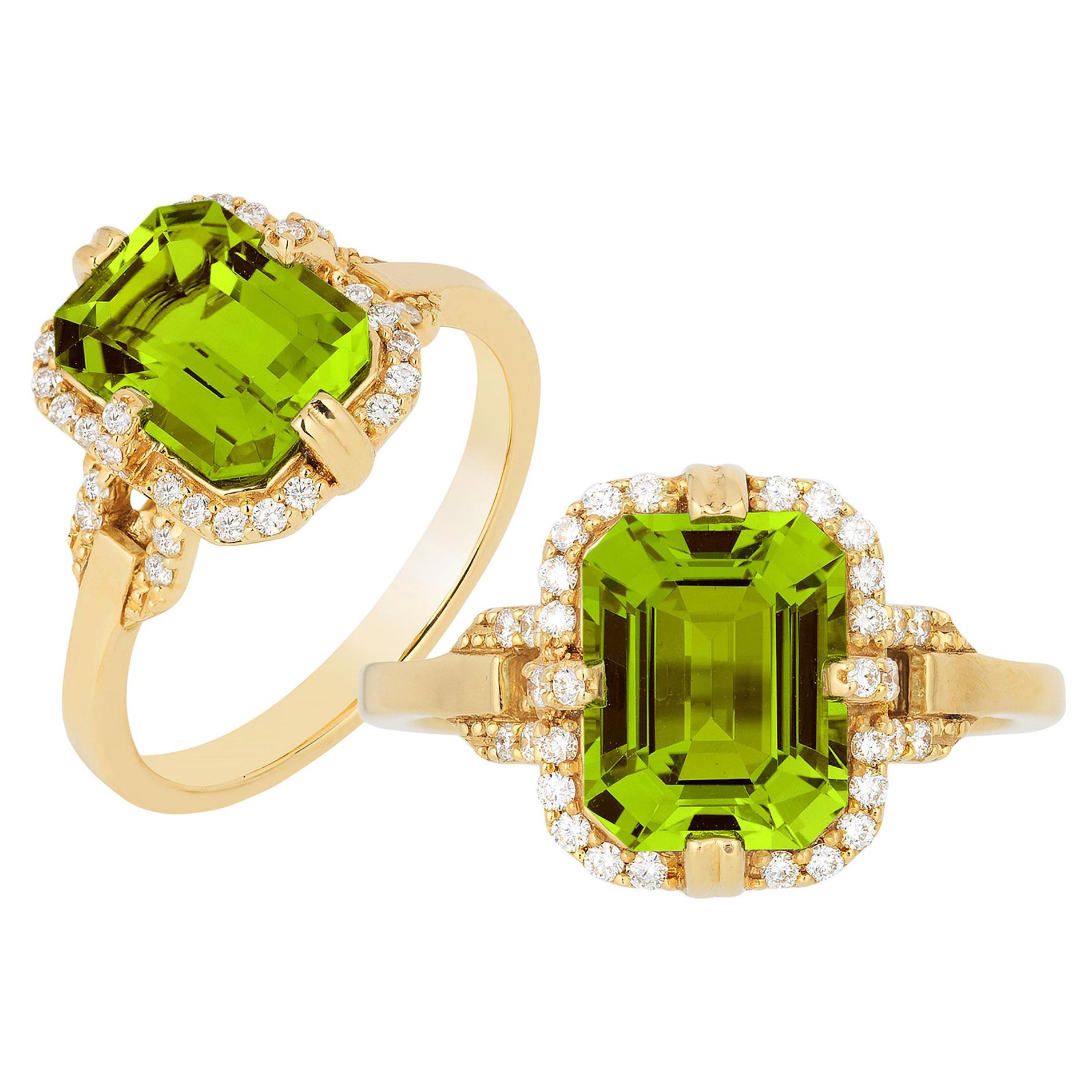 Goshwara Emerald Cut Peridot and Diamond Ring For Sale