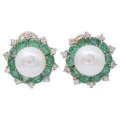 Vintage South-Sea Pearls, Emeralds, Diamonds, 14 Karat Rose Gold Earrings.