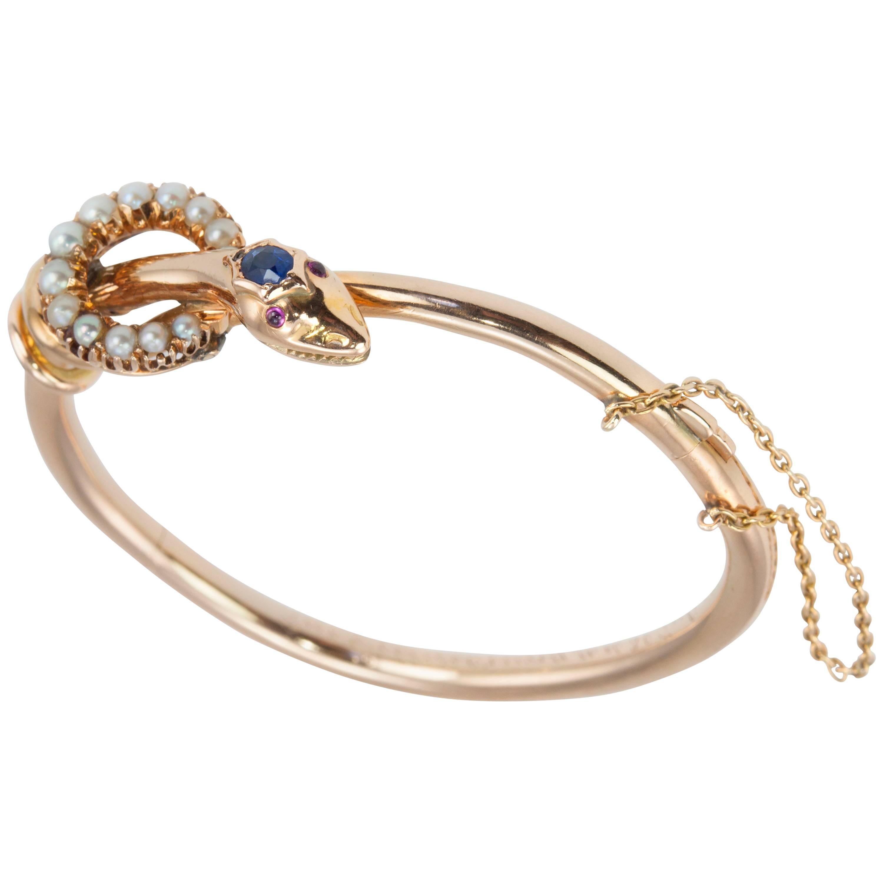 Victorian Pearl Sapphire Gold Snake Bangle Bracelet  For Sale