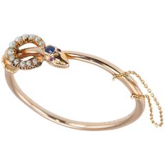 Victorian Pearl Sapphire Gold Snake Bangle Bracelet 
