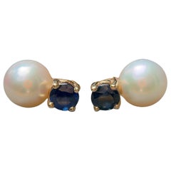 Cultured Pearl and Sapphire Earrings in 14 Karat Gold
