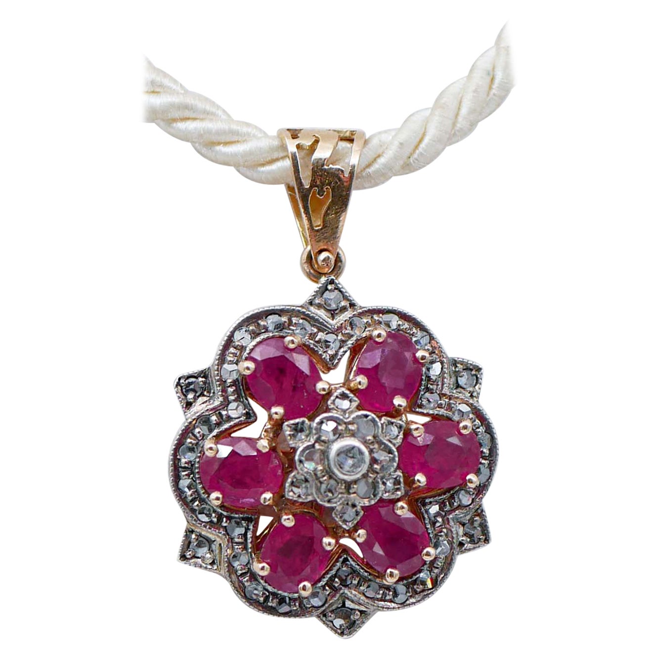 Rubies, Diamonds, 14 Karat Rose Gold and Silver Pendant Necklace. For Sale