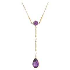 Early 20th Century Gold Pear Cut Amethyst and Pearl Drop Necklace, Circa 1900