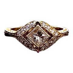 Hand Engraved 18K Yellow Gold Art Deco Halo Princess Cut Diamond Engagement Ring