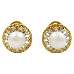 Saya 0.4 Carat Diamonds and Pearl Huggie Ladies Earrings 18k Yellow & White Gold