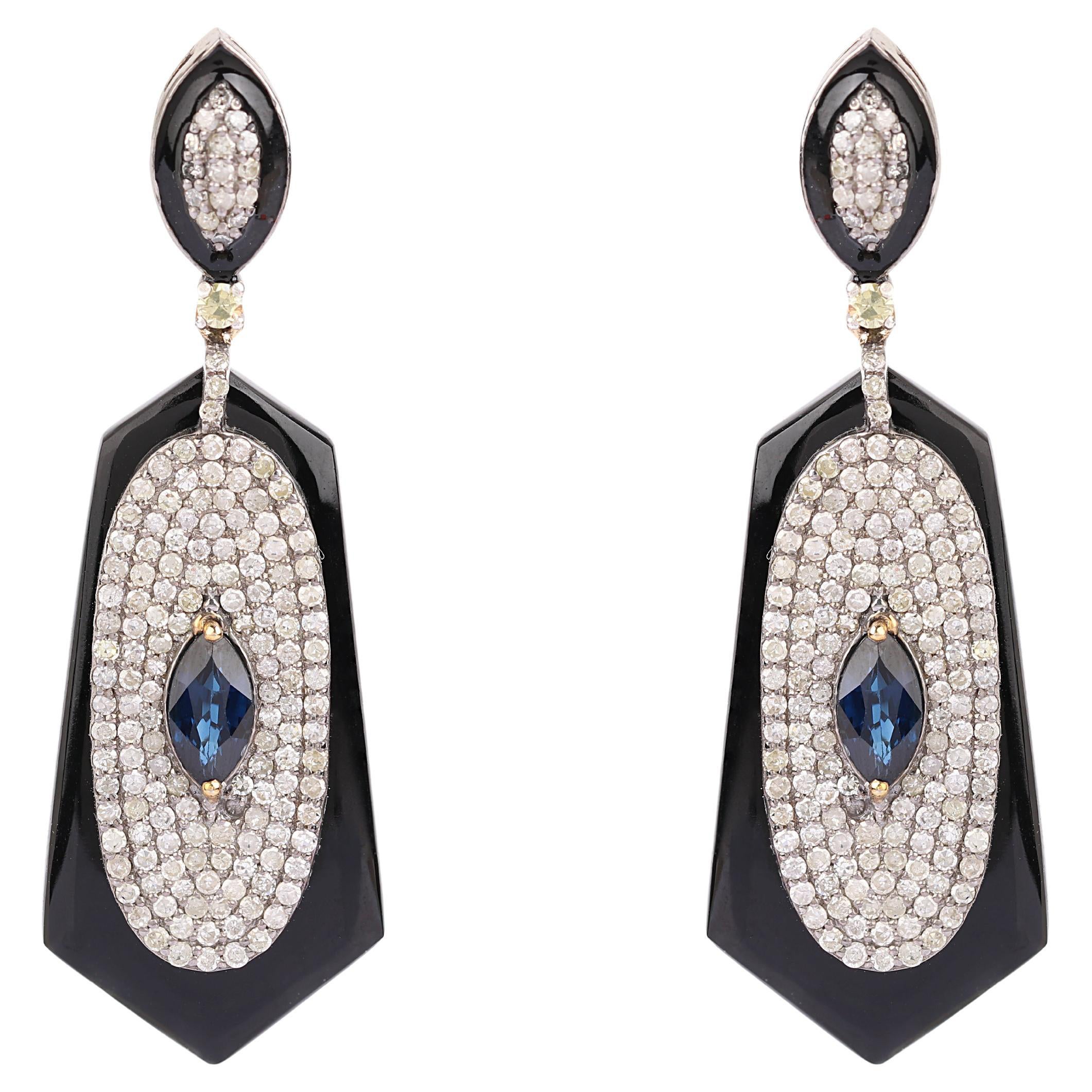 14.24 Carats Diamond, Sapphire, and Onyx Drop Earrings in Contemporary Style For Sale