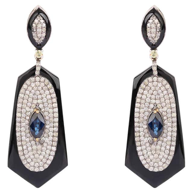 6.65 Carat Diamond and Blue Sapphire Fan-Shape Drop Earrings For Sale ...
