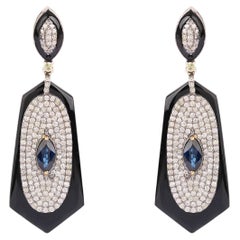 14.24 Carats Diamond, Sapphire, and Onyx Drop Earrings in Contemporary Style