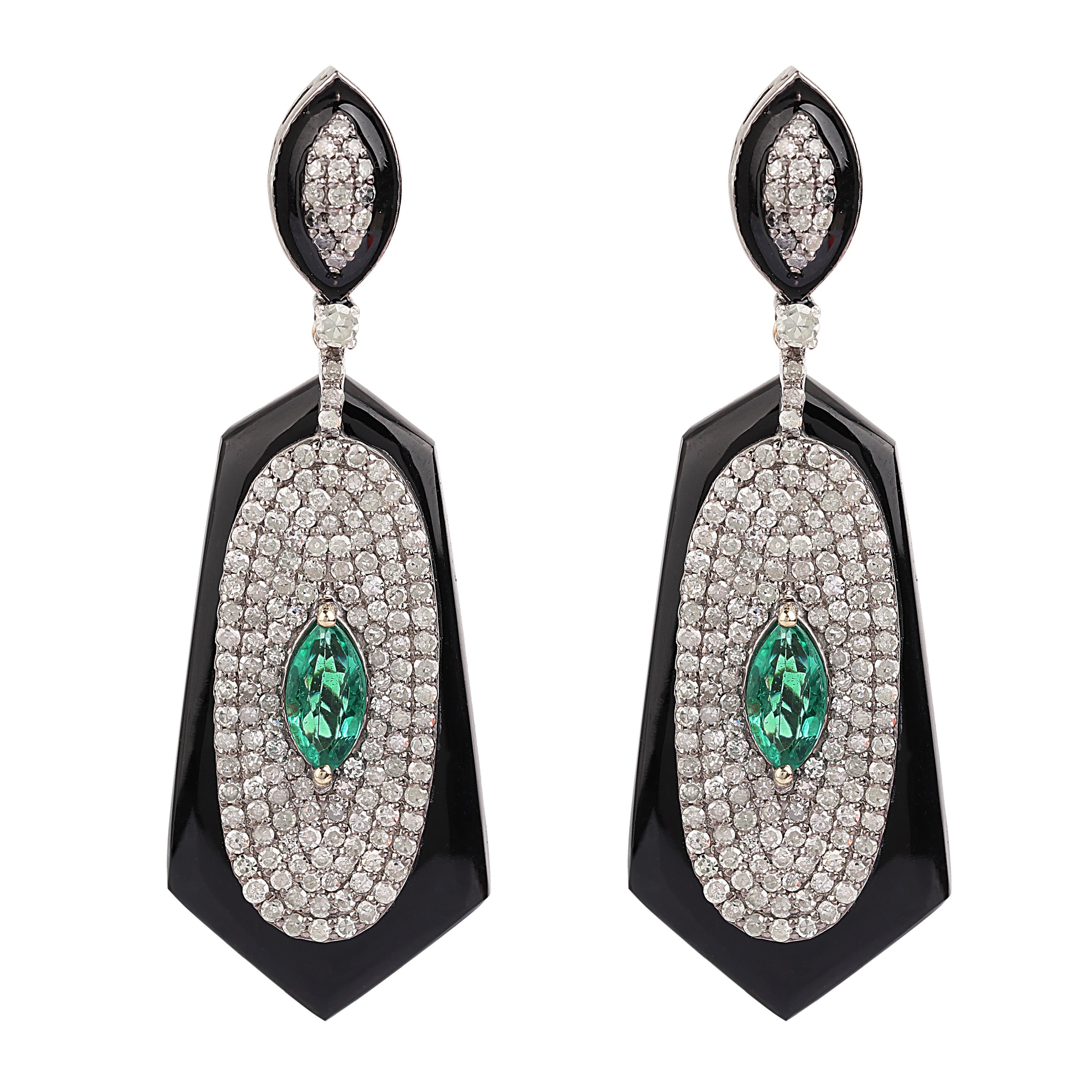 13.80 Carats Diamond, Emerald, and Onyx Drop Earrings in Contemporary Style For Sale