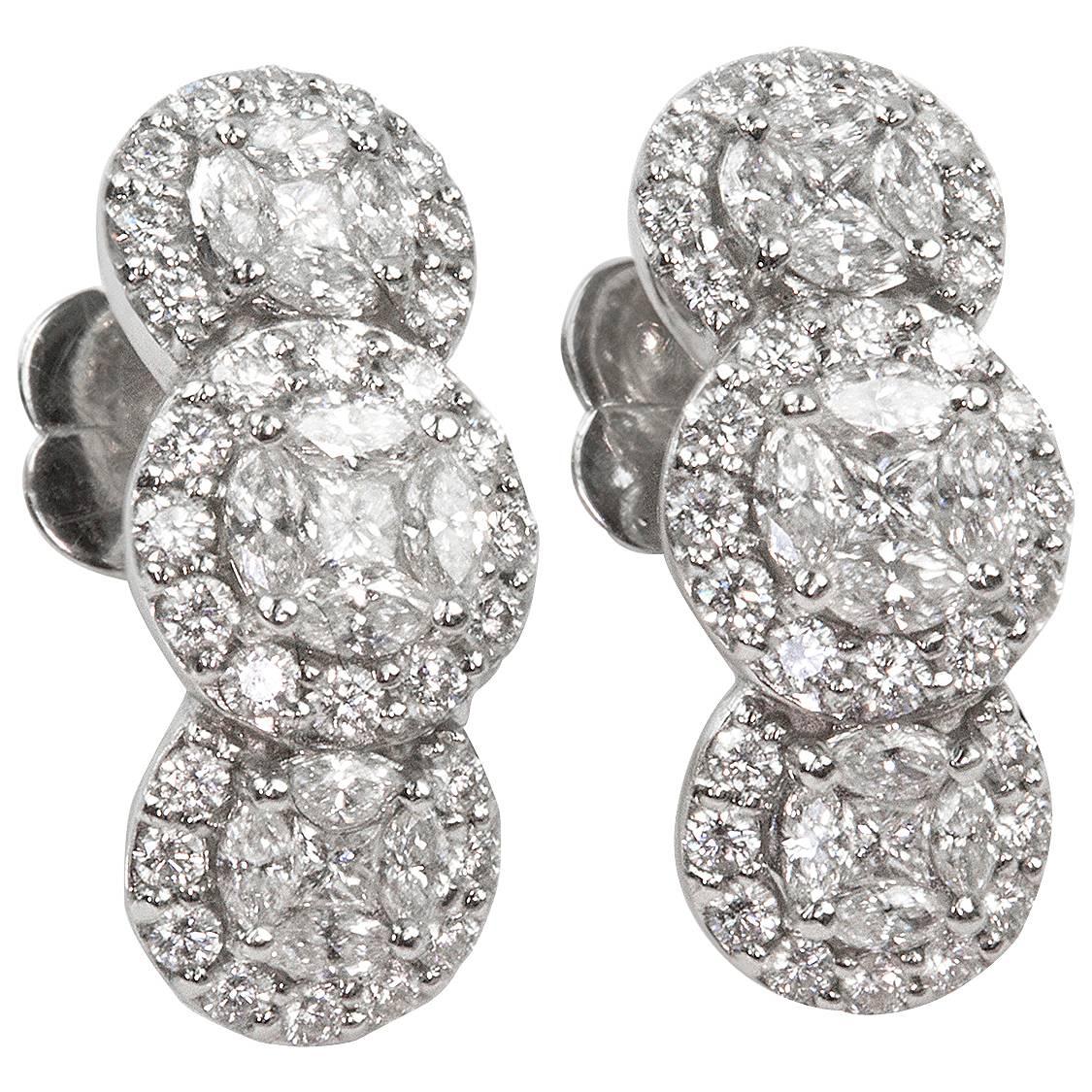 2.70 Carats Diamond Triple Pave Gold Drop Cluster Earrings